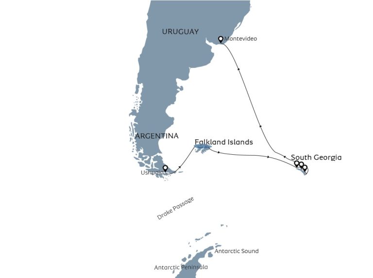 Cruise route map departing from Ushuaia, visiting the Falklands, South Georgia & ending in Montevideo.
