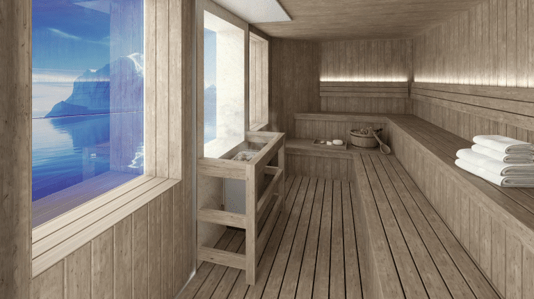 Sauna with wooden bench seating and large picture windows.